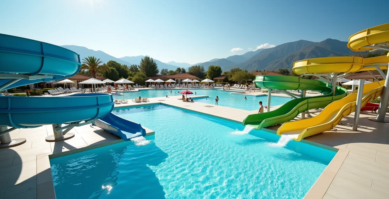 Espace aquatique d'un camping avec toboggans colorés et familles