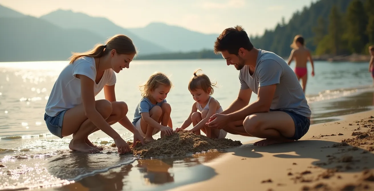 Famille avec enfants jouant sur la plage de Saint-Jorioz au bord du lac
